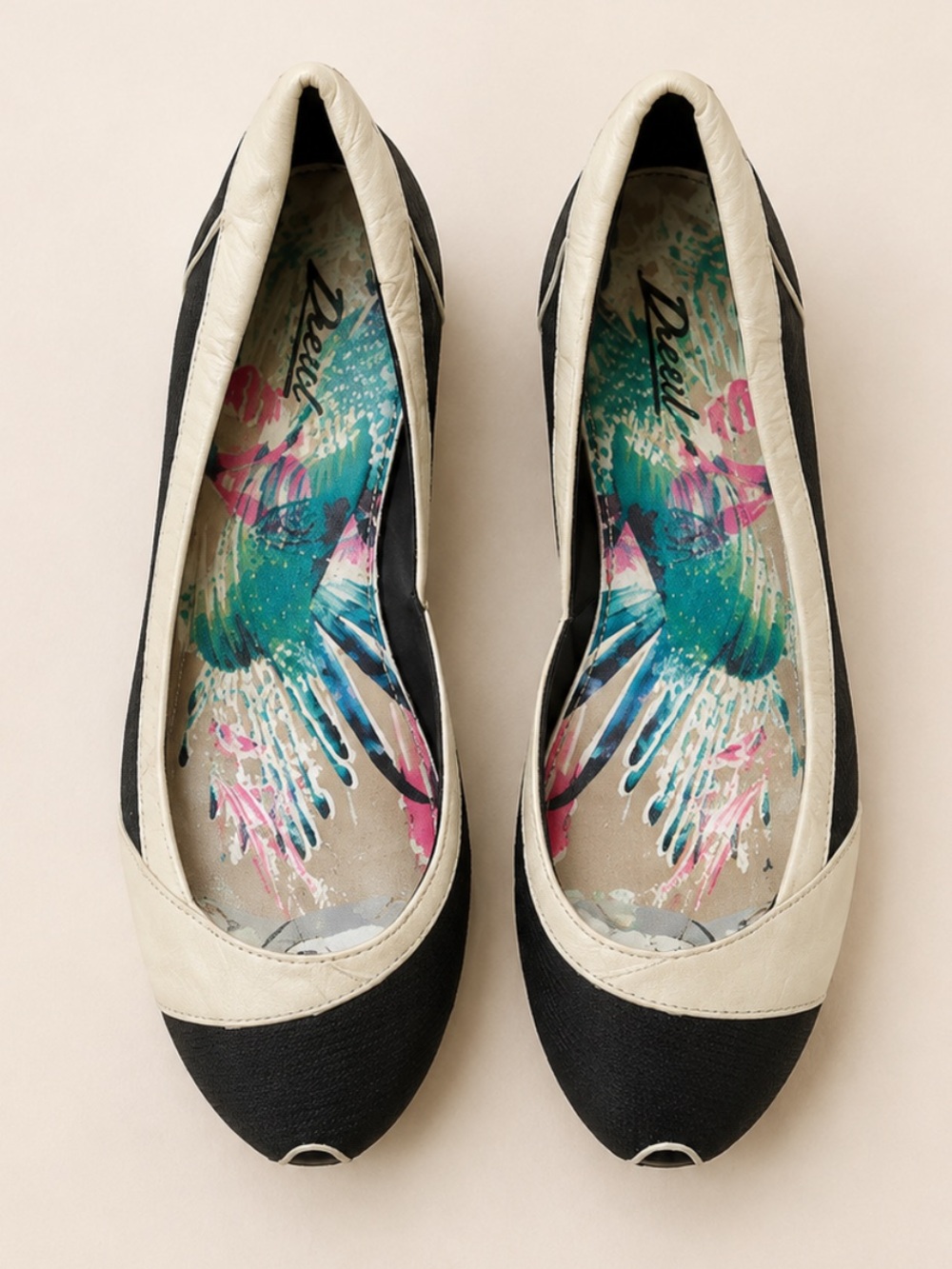 Diesel Y2K Leather Peep Toe Ballet Flats Black Cream Size 6–6.5